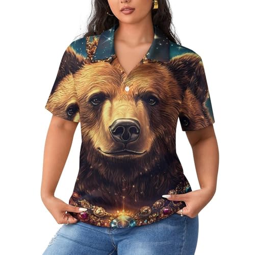 Polo de manga corta para mujer con oso marrón y cuello italiano
