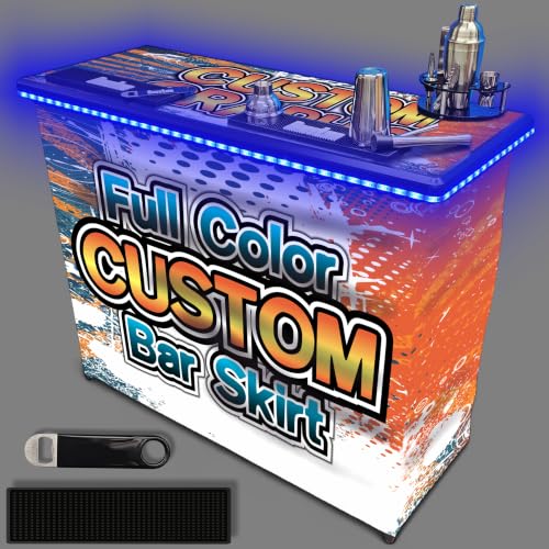 Image of PartyLife Custom 48 inch Premium Portable Bar Table w /LED Lights, Folding Legs, Black Fabric Bar Skirt, 2 Storage Shelves & 2 Carrying Bags | Commercial Grade | Strong & Sturdy