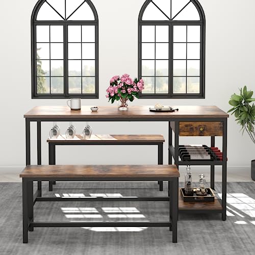 STIKELY-Dining-Table-Set-for-4-6-People-3-Pieces-Kitchen-Dinner-Table-Set-with-2-Drawers-Long-Benches-Dining-Room-Table-with-Wine-Rack-Glass-Holder-and-Storage-Shelf-for-Home-Kitchen-Use