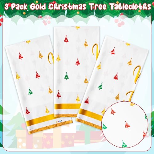 Image of Christmas Winter Waterproof Tablecloths - 3 Packs Gold White Mini Christmas Tree Tablecloths Colorful Waterproof Table Cover Merry Bright Disposable Plastic Tablecloth Xmas Party Table Decor