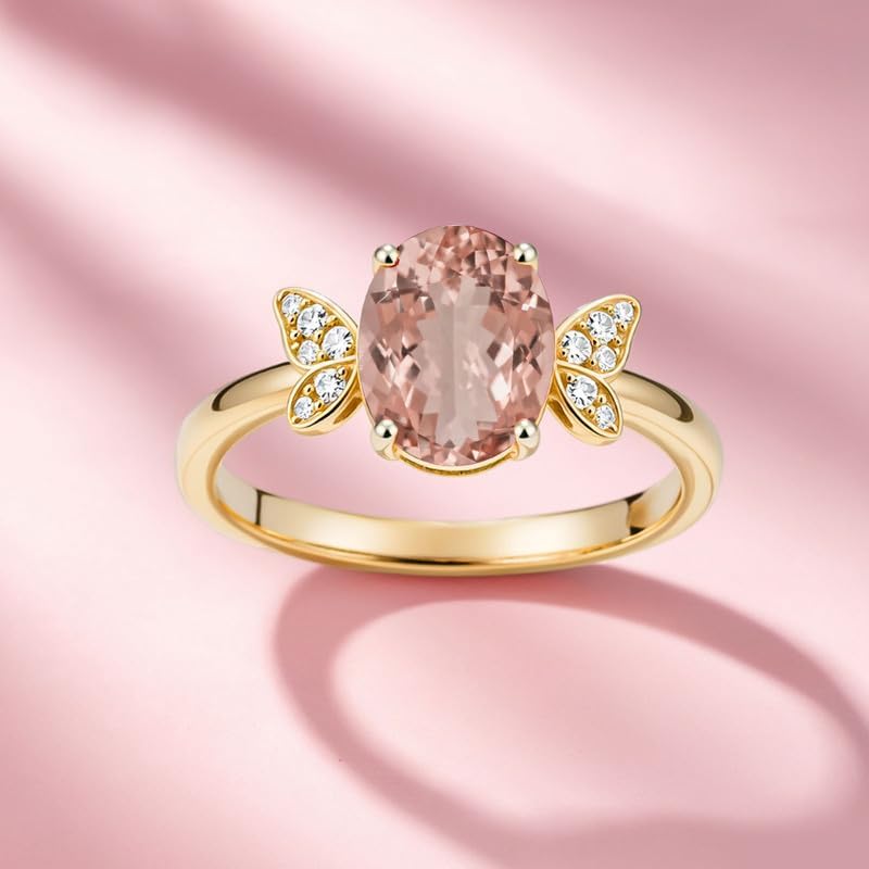 10K 14K 18K Gold 2 Carat Oval Gemstone Ring for Women with Moissanites/Diamonds Butterfly Birthstone Anniversary Statement Rings Size 3-16