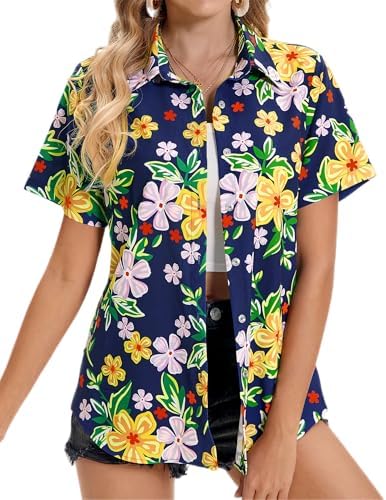 Hawaiian Shirts for Women Tropical Shirt Summer Beach Button Down Short Sleeve Blouses Floral Top Aloha Luau Outfits 2025