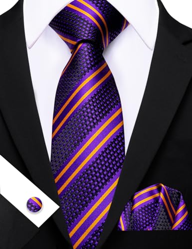 Image of Barry.Wang Man Stripe Ties Set Silk Woven Pocket Square Necktie Cufflinks Formal Party Business