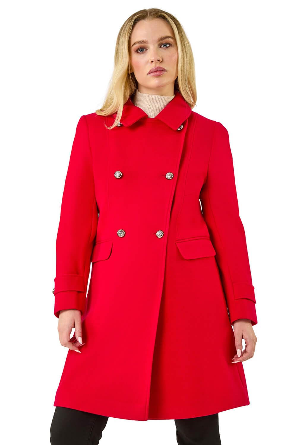 Roman Women's Red Petite Double Breasted Military Coat In Size 16