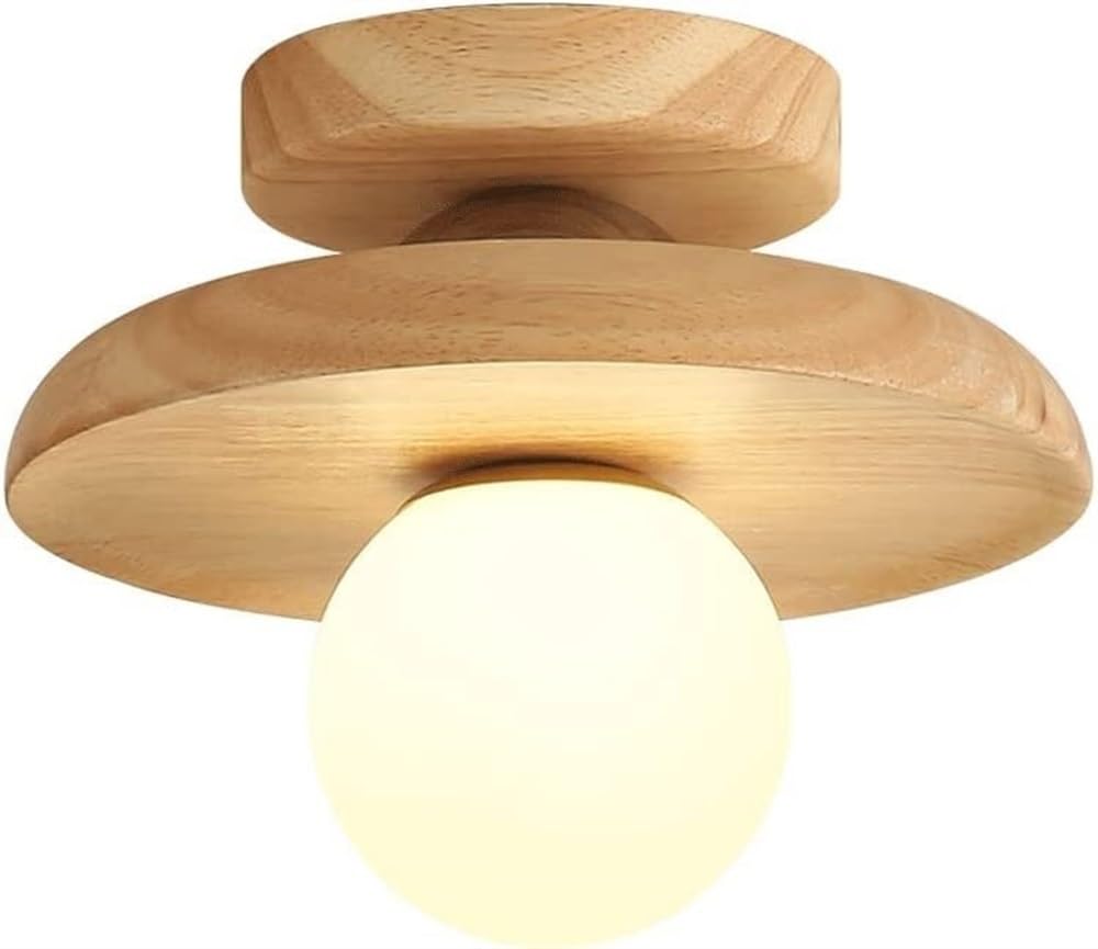 Luminaire rustique couleur bois en forme de bol pour illuminer un plafond bas d'entrée