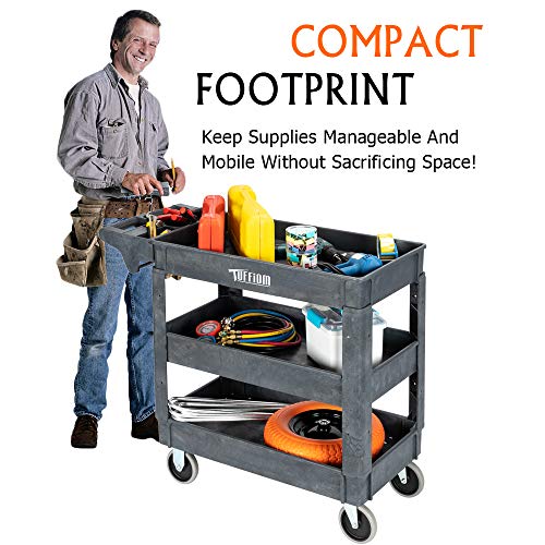 Tuffiom Plastic Service Utility Cart With Wheels, 550Lbs Capacity, Heavy Duty Tub W/Deep Shelves, Multipurpose Rolling 3-Tier Mobile Storage Organizer, For Warehouse Garage Industrial Cart #TOP6