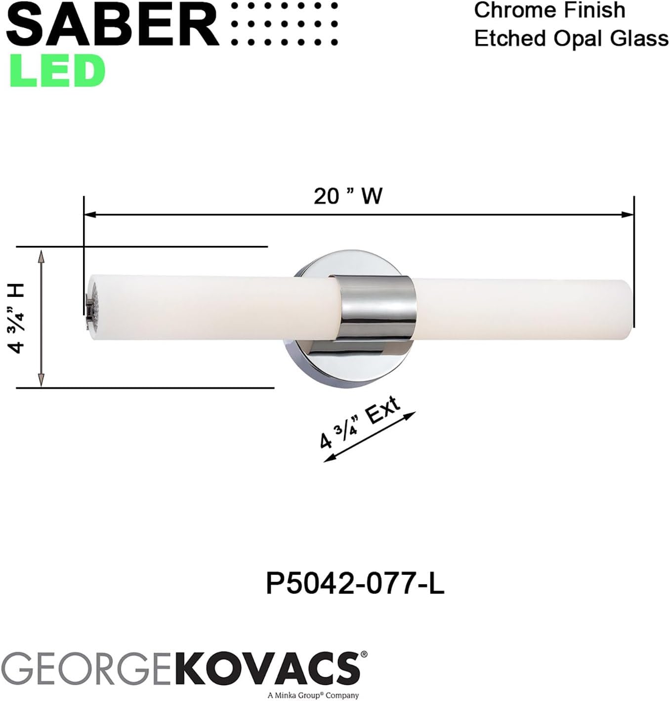 GEORGE KOVACS P5042-077-L Saber II LED Vanity Bath Light, 1-Light, 20 Total Watts, 5.25-in H x 21-in W, Chrome