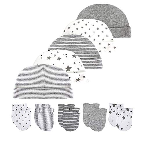 Newborn Baby Boy Baby Girl Hats 0-6 Months Unisex Organic Cotton Caps And Mittens Set 10-Piece, Grey1 #TOP9