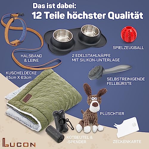 LUCON Hundestarterset Hunde Zubehör Geschenkset bestehend aus Hundespielzeug Hundeleine Hundehalsband Hundedecke Hundebürste Hundenapf Kotbeutel Zeckenkarte Welpen Set