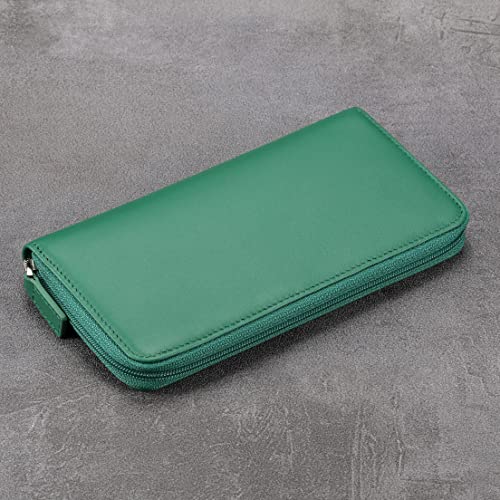 Image of HISCOW Leather Checkbook Cover, Zippered Wallet with Card Slots, Green | Full grain cowhide, 5cc & ID window, personal check book & register pockets, removable duplicate divider, women secure zipper