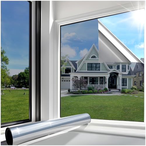 Lifetree Film Miroir pour Fenetre - Film Fenetre Anti Regard 45 * 200cm, Autocollant Anti-UV et Anti-Éblouissement, Brise Vue pour Maison et Bureau, Argent...