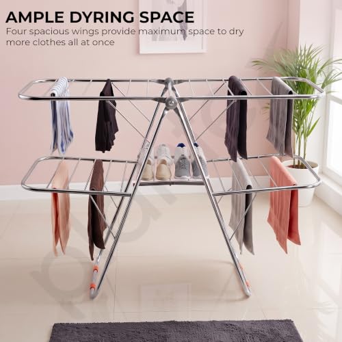 Image of Plantex Cloth Stand for Home /Stainless Steel Foldable Colth Stand /Double Layer Cloth Drying Rack for Balcony - Pack of 1 (Bloom, Chrome)