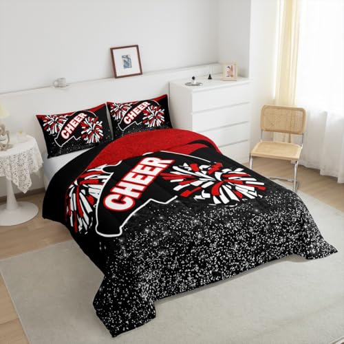 Image of Feelyou Red Glitter Cheer Comforter Set Dreamy Girly Gymnastic Sports Comforter for Kids Boys Girls Gymnastics Lovers Bedding Set Cheer Sports Glitter Duvet Set Room Decor Quilt King Size Boys