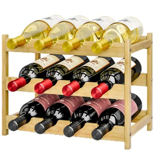 Dripex Casier à Vin Range Bouteilles Horizontal, 3 étages pour 12 Bouteilles en Bambou Etagère Dimension 40x24 x30cm Porte-Bouteilles Adaptées à la Table, à la Cuisine, au Bar, à la Cave