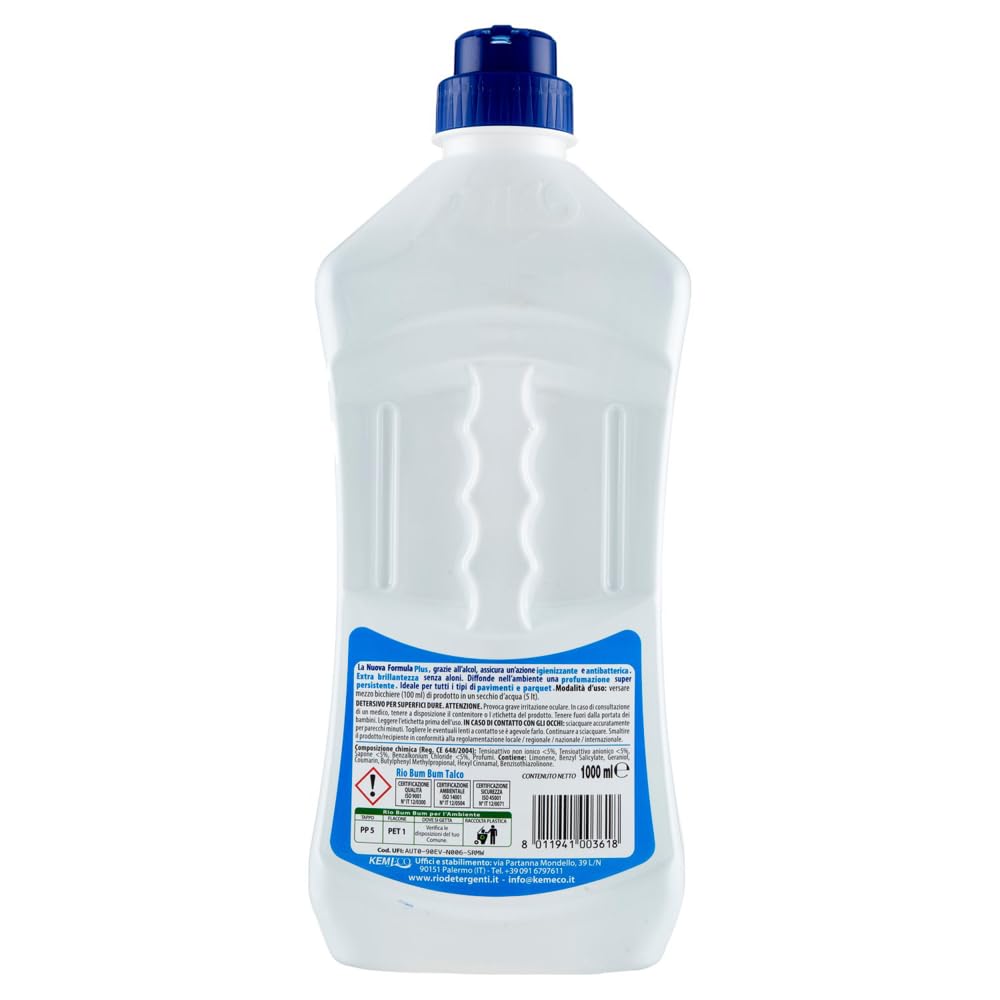 9er-Pack RIO Bum Bum Pavimenti Talco, Bodenreiniger mit Alkohol, Talk Duft,1Lt + 1er-Pack Kostenlos Felce Azzurra Talkumpuder, 100g-Beutel