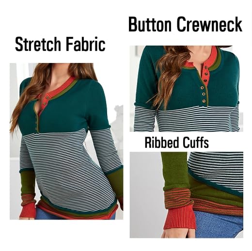 Women's Vintage Striped Color Block Button Knit Sweater Lightweight Casual Cute Long Sleeve Henley Pullover Top4