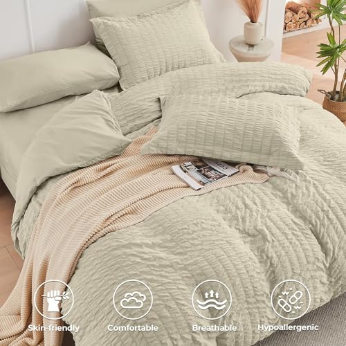 Image of HYMOKEGE Light Linen Full Size Comforter Sets Seersucker 7 Pieces, All Season Luxury Bed in a Bag for Bedroom, Bedding Set with Comforter, Sheets, Pillowcases & Shams