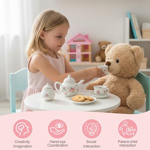 Image of Porcelain Tea Set for Girls, Tea Party Set for Little Girls, Kids Tea Set Kitchen Pretend Play, Princess Tea Time Playset with Ceramic Teapot Cups Carry Case, Toddler Girl Toys Birthday Gifts Age 3+