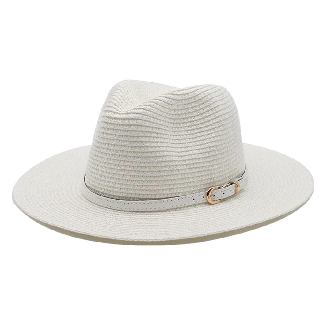 EYRMQWJPC Wide Brim Sun Hat, Women Wide Flat Brim Panama Straw Sun Hat With Belt Multicolor(White)
