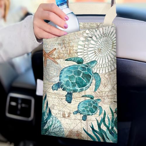 Image of Car Trash Bag Hanging No Snap Small Garbage Bag for Car Back Seat Cute Printed One-handed Strap Trash Bags Car Accessories-Sea Turtle Car Trash Bags