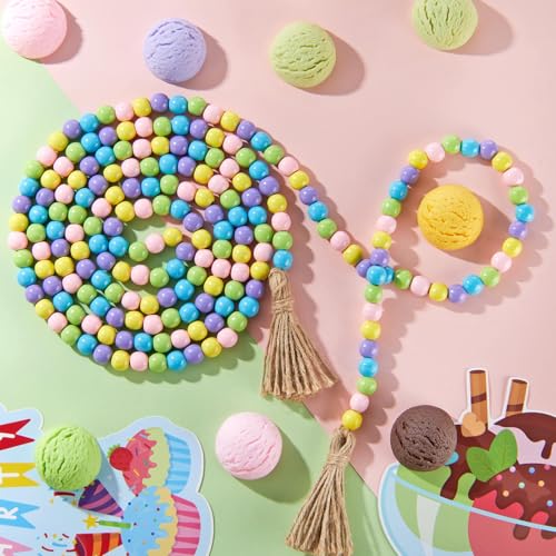 Image of Equsion Wooden Bead Garland with Tassels, Extra Long Fireplace Wood Bead Garlands Rustic Farmhouse Vintage Boho Beads Garland for Party Home Decor Tiered Tray Decorative Beads(Macaron Color)
