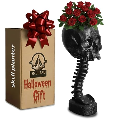Skull Planter Spine Gothic Vase - Black Skull Candy Bowl, Horror 11.6" Halloween Flower Vase Goth Decor, Spooky Home Decor Skeleton Planter Pot, Candle Holder, Spooky Gifts For Women, Men, Girlfriend.