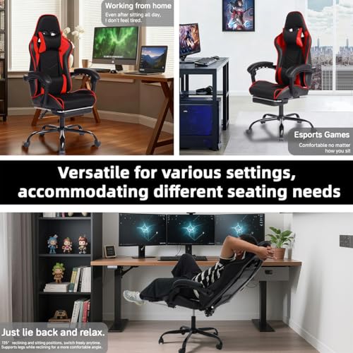 Image of Gaming Desk Chair for Adults, Ergonomic Gaming Chair with Footrest & Headrest and Lumbar Support, Leather Material Height Adjustable Computer Video Game Chairs (Red Upgrade)