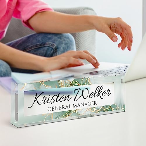 Image of Name Plate for Desk, Desk Name Plate Personalized, Office Decor for Women Men, Acrylic Desktop Accessories, Office Appreciation Gifts for Boss Social Workers Nurse Teacher Employee (Green /Gold)