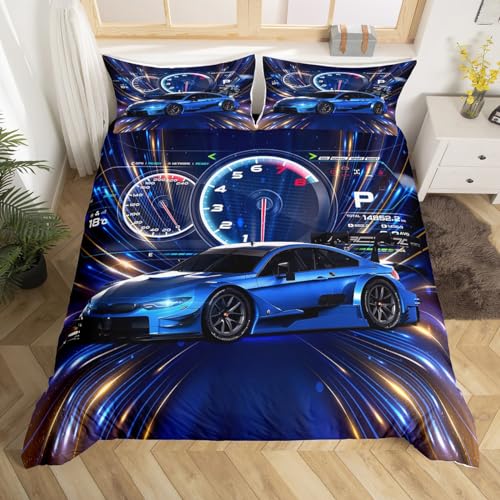 Homewish Blue Race Car Comforter Cover Extreme Speed Sports Bedding Set for Youth Kids Teens Racer Car Bed for Boys Bedroom Decor Cool Car Duvet Cover Double