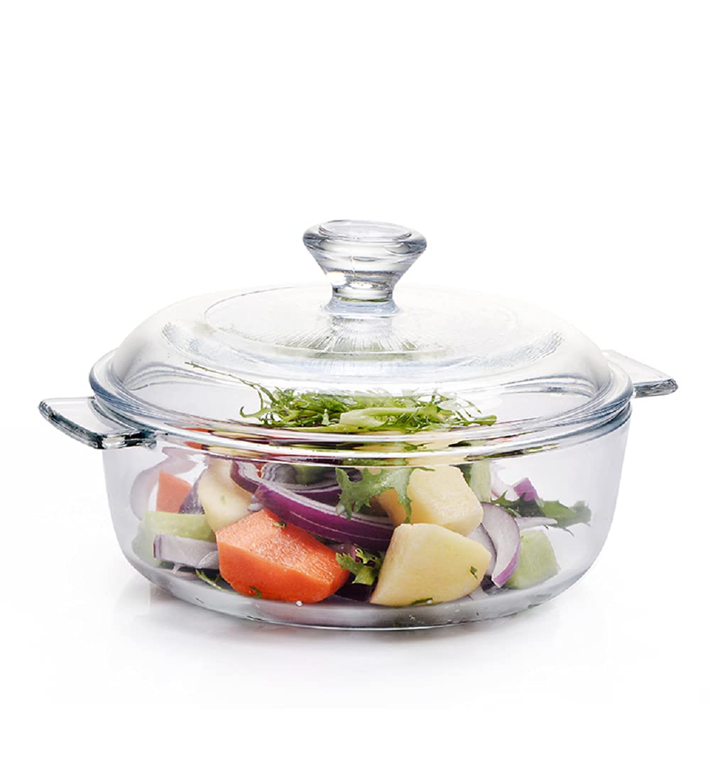 HomeprismPack of 1 Glass Casserole Deep Round - (1 LTR) Oven and Microwave Safe Serving Bowl with Glass Lid