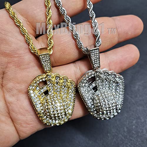Iced Lab Diamond Gold Silver Plated Baseball Glove Pendant & 4mm 24" Rope Chain Hip Hop Jewelry Necklace2