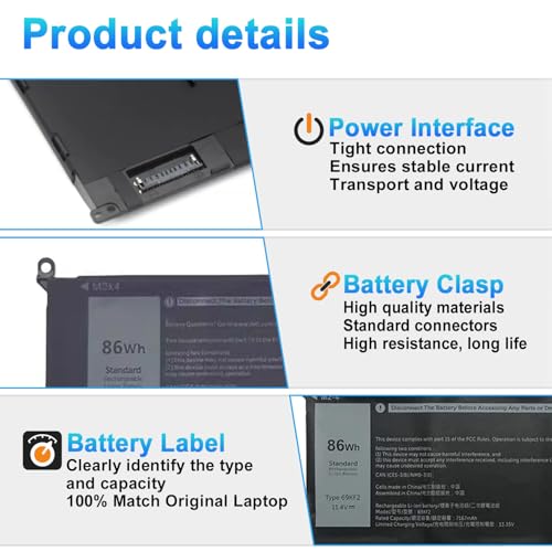 Image of 86Wh 69KF2 Laptop Battery for Dell XPS 15 9500 9510 9520 Precision 5550 5560 5570 Alienware M15 M17 R3 R4,G15 5510 5511 5515 5520 5521,G7 15 7500,Inspiron 7510 7610 P87F P91F P45E Series 8FCTC 70N2F