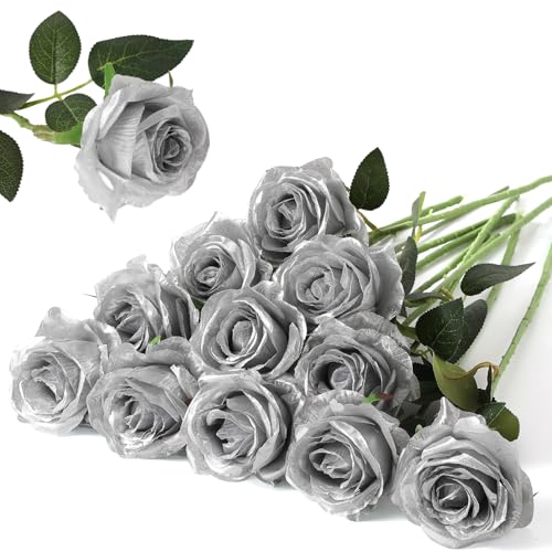 Hawesome 12PCS Artificial Silk Flowers Realistic Roses Bouquet Long Stem for Home Wedding Decoration Party (Silver 12Pcs Flowers)