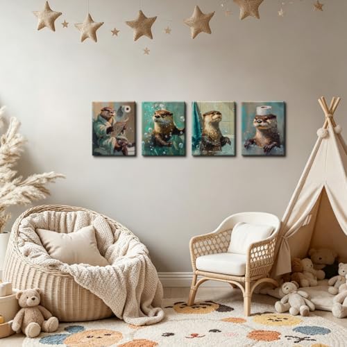 Image of Frimeeme 4 Piece Framed Funny Otter Bathroom Canvas Wall Art