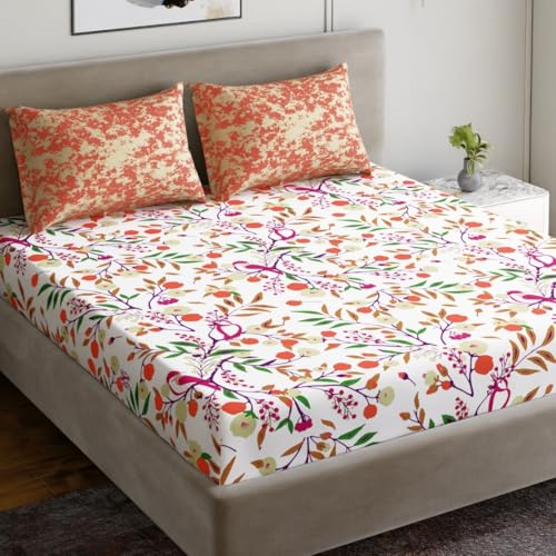 Image of Dreamscape 100% Cotton Bedsheet for Double Bed, 186 TC, 1 Bed Sheet (Size 87 x 94 inches) with 2 Pillow Covers - Orange