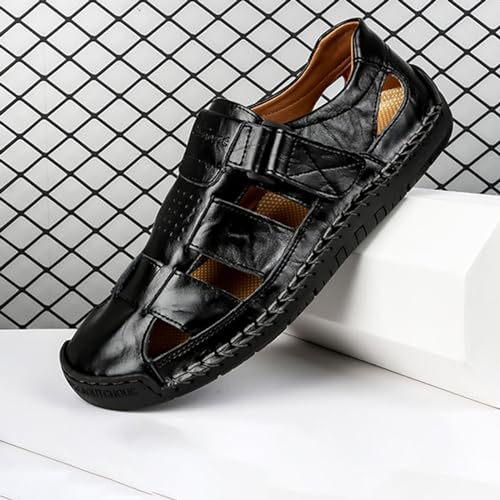 Men's Hook Loop Closed Toe Fisherman Sandals,Fashion Hand Stitching Leather Outdoor Hiking Waterproof Athletic Sandals Summer Beach Shoes3