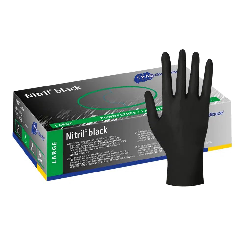 Guanti in nitrile, 1000 pezzi, confezione (nero) Meditrade, guanti monouso, senza polvere, non sterili, senza lattice (L)