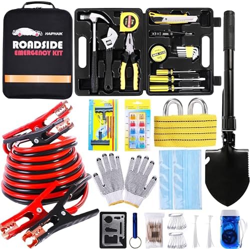 HAIPHAIK Car Emergency Roadside Kit- Safety Kits for Cars, Car Jumper Cables Kit 11.8 Feet (Upgrade) 124 Pcs Car Tool Kit,Tow Strap, Folding Survival Shovel