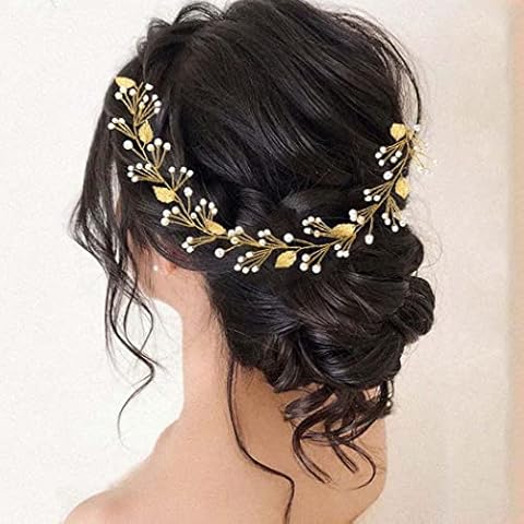 Handcess Braut Hochzeit Haar Reben Gold Perle Hochzeit Kopfschmuck Blätter Stirnband Strass Braut Haarschmuck für Braut und Brautjungfern thumbnail