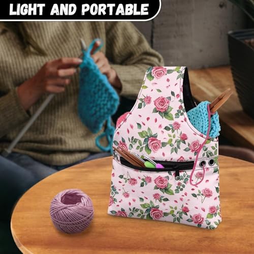 Image of KUIFORTI Roses Knitting Tote Bag Valentines Day Travel Knitting Yarn Storage Bag Organizer Lightweight Knit Wrist Bag for Holding Yarn Crochet Needles, Knitting and Crochet Supplies Soft