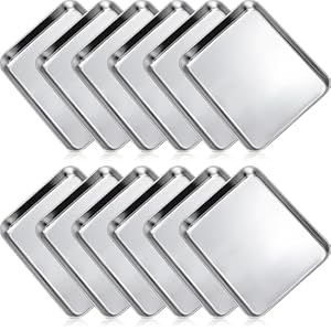 Zopeal 12 Pieces Baking Sheet Pan Cookie Sheet Set for Oven Stainless Steel Trays Nonstick Small Serving Tray Cake Toaster Metal Food Trays, Oven and Dishwasher Safe