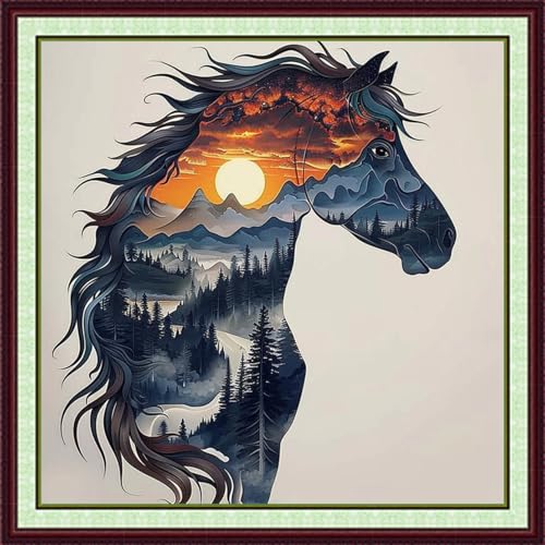 Image of Foxhool Stamped Cross Stitch Kits,11CT Printed Cross Stitch Pattern Full Embroidery Kits for Beginner Needlepoint Kits-Abstract Steed 18x18 inchs