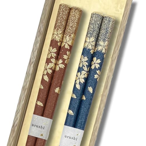 橋本幸作漆器店 桜ふぶき 2膳セット 輪島うるし箸 乾漆仕上げ 桐箱入り 日本製 高級 滑りにくい 夫婦箸 お揃い ペア ギフト 記念日 プレゼント (青, 茶)