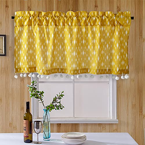 Ravaiyaa - Attitude is everything Hand Printed Half Window Kitchen Curtain 100% Cotton Short Drapery Valance Curtain 40" X 18" Inch (Yellow Ikat), Semi Sheer, Rod pocket curtains