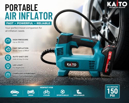 Image of KAITO Portable Tire Inflator Air Compressor 21 V Li-Ion Battery | | 130 PSI Max Pressure | Auto Shut-Off | LED Light | Cordless Design for Cars, Bikes & Balls