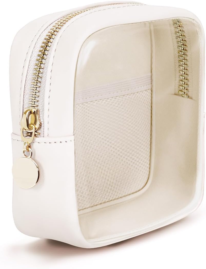 Small Makeup Bag for Handbag Clear Mini Makeup Bag Water-Resistant Vegan Leather Cosmetic Pouch with Slip-in Pocket for Daily Use Travel, Milky White (Patent Pending)