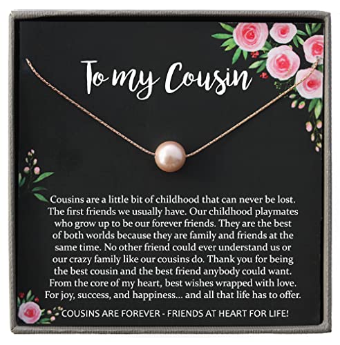 14K Rose Gold Filled Cousin Gifts for Women, Blush Peach Pearl Necklace with Meaningful Message