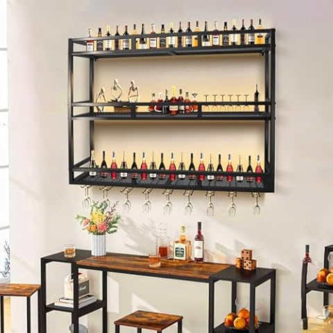 PYGHWNXH Wall Mounted Wine Rack with LED Lights,59in Large Wall Wine Rack for Liquor Bottles & Hanging Glasses, Metal Wine Bar Shelves for Home Bar,Kitchen & Dining Room. (40in) Cover