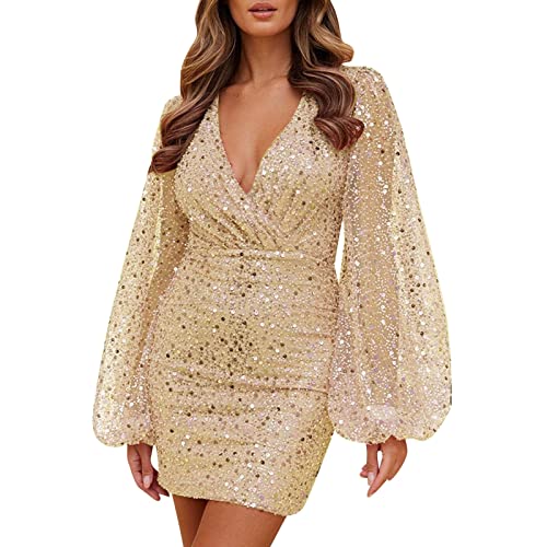 GZYshoyao Minikleid Damen Kleid Pailletten Kleid V Ausschnitt Sexy Paillettenkleid Slim Party Kleid Wickelkleid Langarm Glitzer Silvester Brautkleid...
