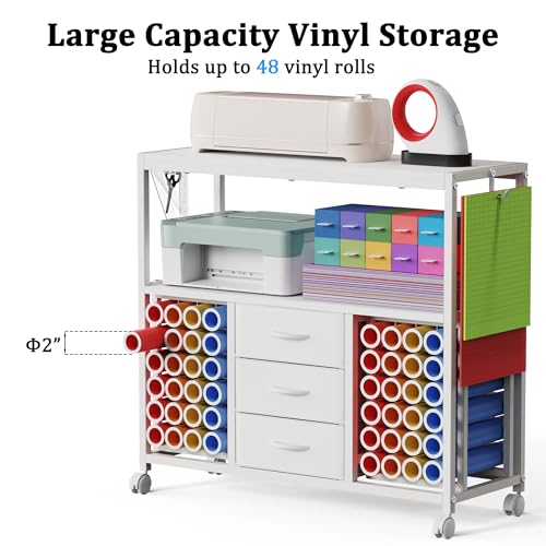 Image of 48 Vinyl Roll Holders for Cricut Cart, 32 inchW Large Craft Cart with 3 Fabric Drawer, Craft Organization and Storage Compatible with Cricut Maker Machine, Crafting Table Workstation, White,Patent Pending